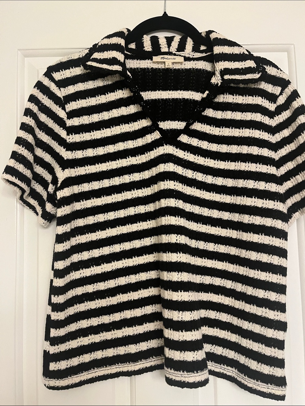 Madewell Black & White Striped Short-Sleeve Polo Sweater